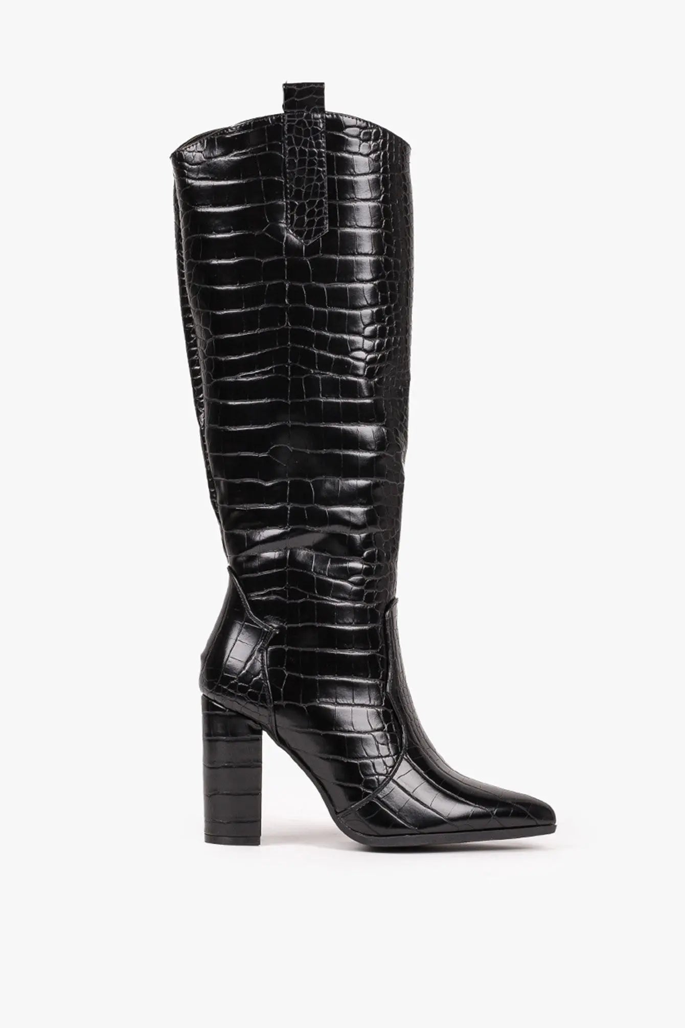 Black knee-high boot with crocodile pattern on a white background